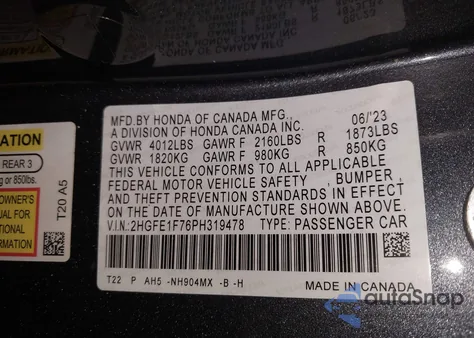 2023 Honda Civic Ex/Ex W/O Bsi from USA, damaged, VIN 2HGFE1F76PH319478